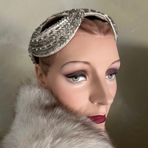 GLORIOUS 1950s' COCKTAIL HAT MADE OF CREME COLORED SATIN & BEADED THROUGHOUT